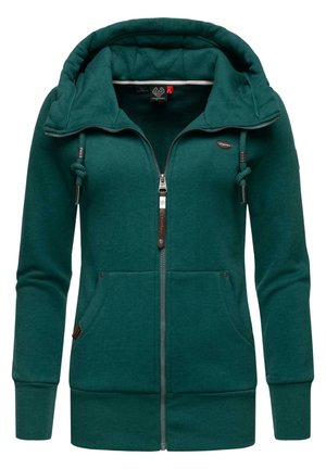 Sweat à capuche zippé vert foncé avec grande capuche, cordons, poches avant et poignets et ourlet côtelés.