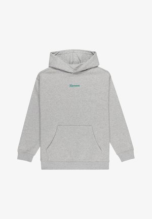 Hoodie gris en tissu doux, avec une poche kangourou, des poignets côtelés et une capuche avec cordon de serrage. Logo "Element" en turquoise sur le devant.