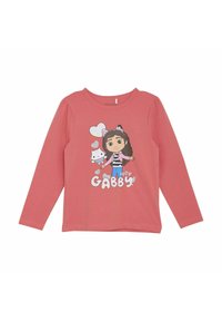 Langärmliges pinkes Oberteil mit einem Cartoon-Charakter mit braunem Haar, Katzenohren und einem Cupcake, sowie dem Text "Hey Gabby!" in verspielter Schriftart.