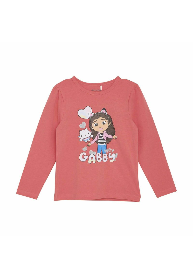 Langärmliges pinkes Oberteil mit einem Cartoon-Charakter mit braunem Haar, Katzenohren und einem Cupcake, sowie dem Text "Hey Gabby!" in verspielter Schriftart.
