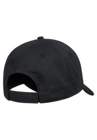 Black baseball cap featuring a curved brim, adjustable strap, and soft fabric texture. Back view shows ventilation holes and seamless design.