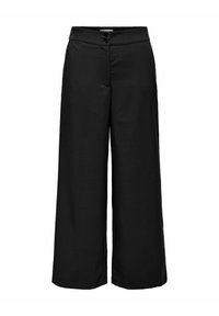 Zwarte wijde broek met een zachte textuur, voorzien van een knoopsluiting en elastische tailleband voor comfort. Wordt beschouwd als een veelzijdig kledingstuk.