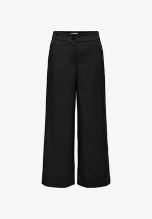 Schwarze weit geschnittene Hosen mit glatter Textur, ausgestattet mit einem Knopfverschluss und einem elastischen Bund für zusätzlichen Komfort. Gilt als vielseitiges Kleidungsstück.