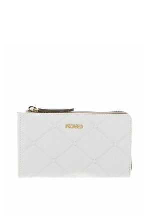 White zippered wallet made of textured synthetic material, featuring a diamond pattern and a gold brand logo.
