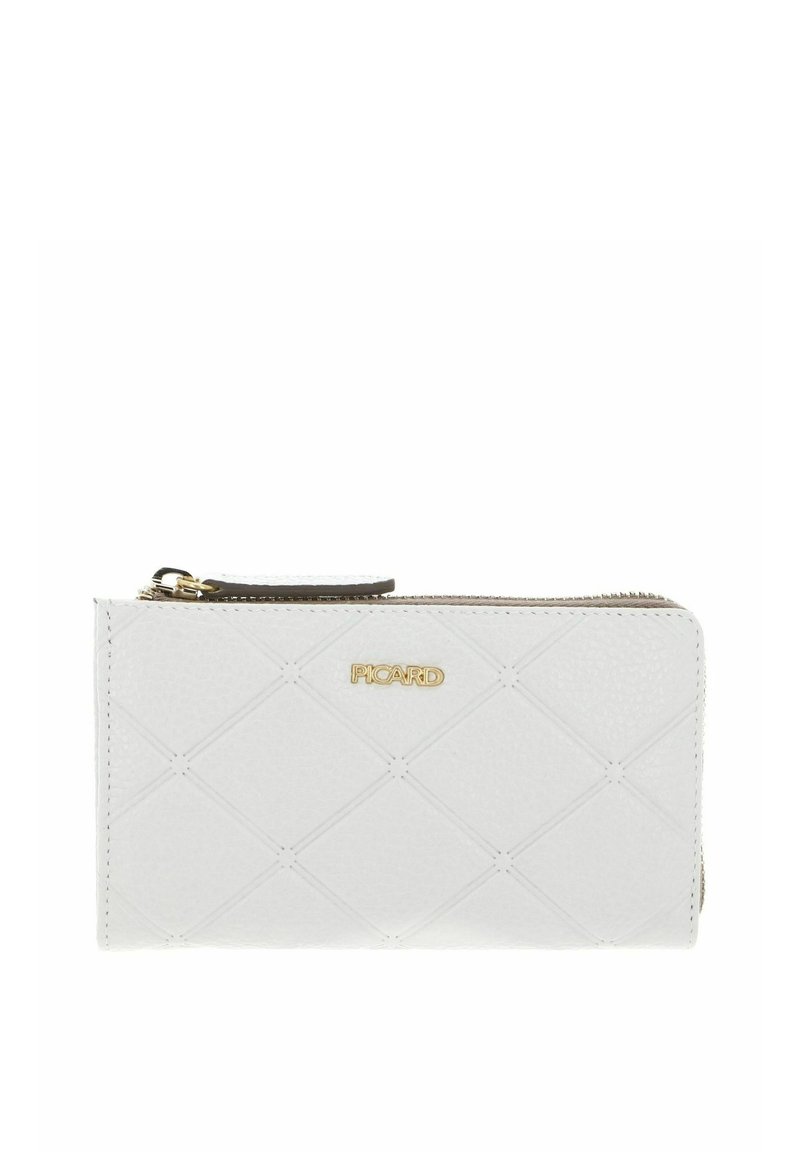 White zippered wallet made of textured synthetic material, featuring a diamond pattern and a gold brand logo.