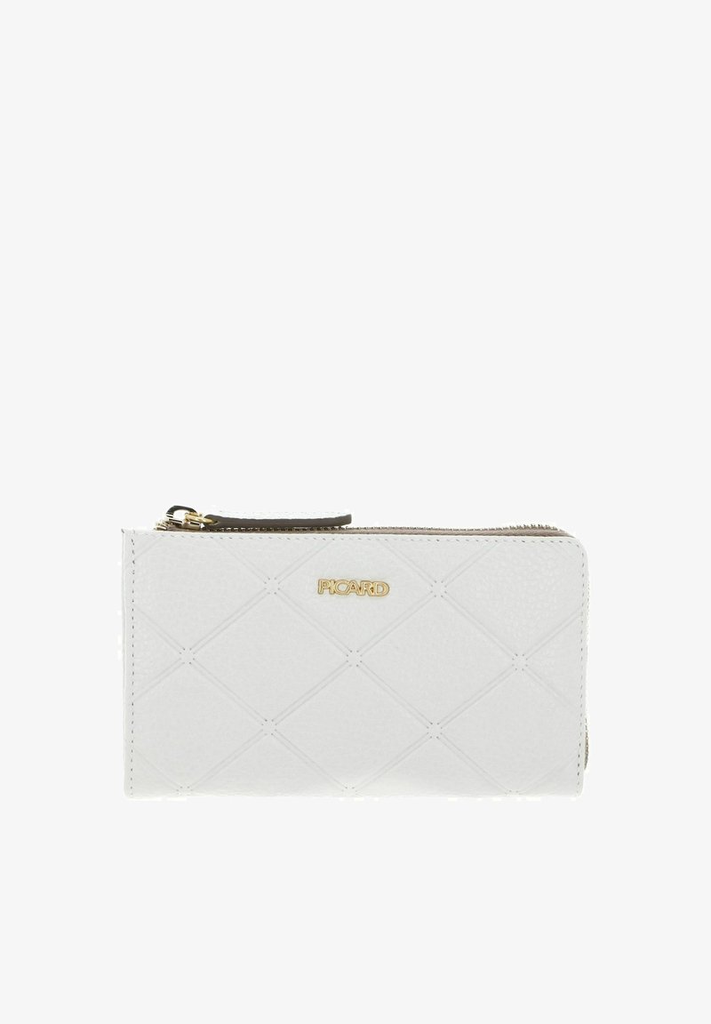 Weißes Reißverschluss-Portemonnaie aus strukturiertem Synthetikmaterial, mit einem Diamantmuster und einem goldenen Markenlogo.