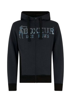 Hooded sweatshirt in dark navy blue, featuring a front zip closure, black accents, and a printed "BOXEUR DES RUES" logo in contrasting colors.