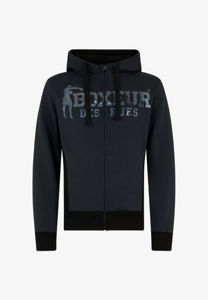 Hooded sweatshirt in dark navy blue, featuring a front zip closure, black accents, and a printed "BOXEUR DES RUES" logo in contrasting colors.