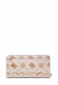 Portafoglio beige con un tessuto testurizzato decorato con un motivo floreale dorato e una tasca frontale con zip. Completato da un dettaglio in metallo con il logo.