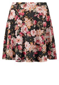 Gonna floreale realizzata in tessuto leggero, caratterizzata da uno sfondo nero con fiori bianchi e rosa, e una forma svasata a A.
