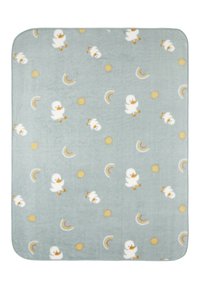 Soft fleece blanket in light blue with a repeating pattern of white ducklings, yellow suns, and rainbows. Rounded corners and plush texture.