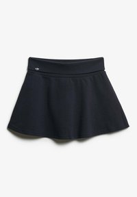 Zwarte skaterrok gemaakt van rekbare stof. Beschikt over een brede, elastische tailleband en een uitlopende pasvorm, geschikt voor casual kleding.