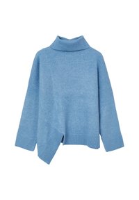 Helles Blau, übergroßer Rollkragenspullover aus weichem Strickstoff. Mit gerippten Manschetten und Saum, in asymmetrischem Design.
