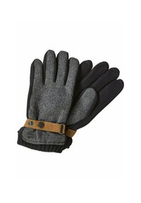 Grijze en zwarte handschoenen met een wolachtige textuur, geribbelde manchetten en een bruine band met metalen accenten. Vijfvinger ontwerp voor warmte.