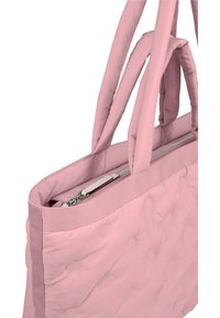 Töltött rózsaszín táska dupla textil fogantyúkkal, felül cipzárral záródik és strukturált kialakítású. Simább textúra, minimalista stílus.