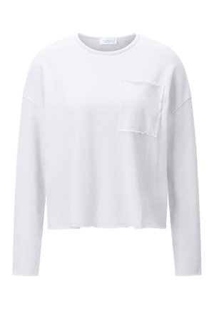 White long-sleeve cropped sweatshirt with raw hem and a single raw-edged chest pocket, featuring a round neckline.