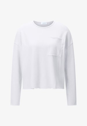White long-sleeve cropped sweatshirt with raw hem and a single raw-edged chest pocket, featuring a round neckline.