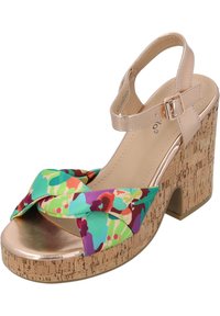 Plattformssandal med en korkbas, metallic guldankelrem och ett flerfärgat blommönstrat tygöverdrag med knutdetalj.