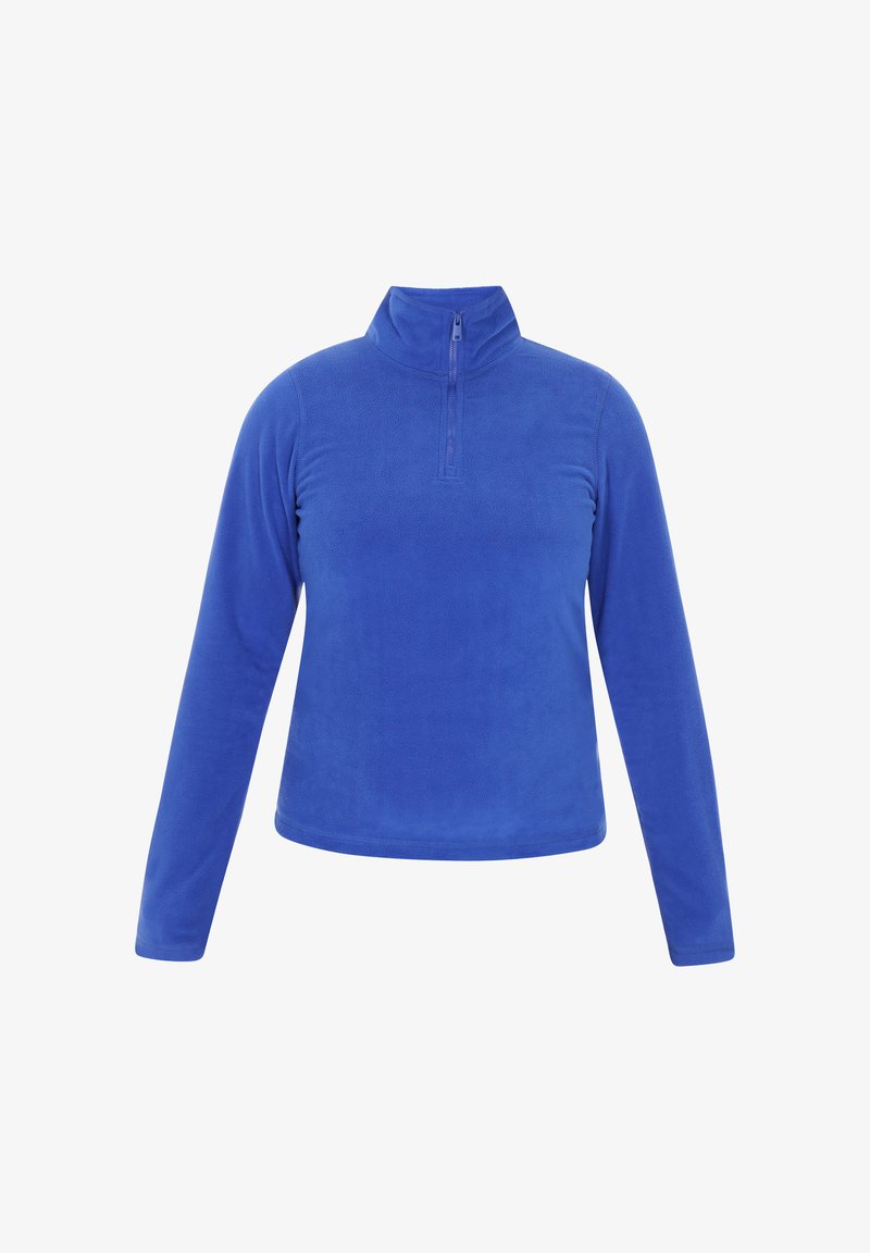 Fleece-pullover i livlig blå, med høj krave og en delvis lynlås. Blød tekstur med lange ærmer og en let afrundet kant.