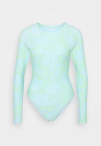 Long-sleeve swimsuit in light mint green with floral patterns. Smooth material, fitted design, and high-cut leg opening.
