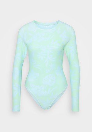 Long-sleeve swimsuit in light mint green with floral patterns. Smooth material, fitted design, and high-cut leg opening.
