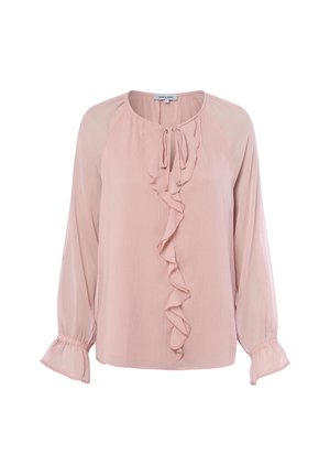 Rosa Bluse aus leichtem Stoff mit einem gerafften Vorderteil, Bindekragen und ausgestellten, gerafften Ärmeln. Glatte Textur, lässiges Design.