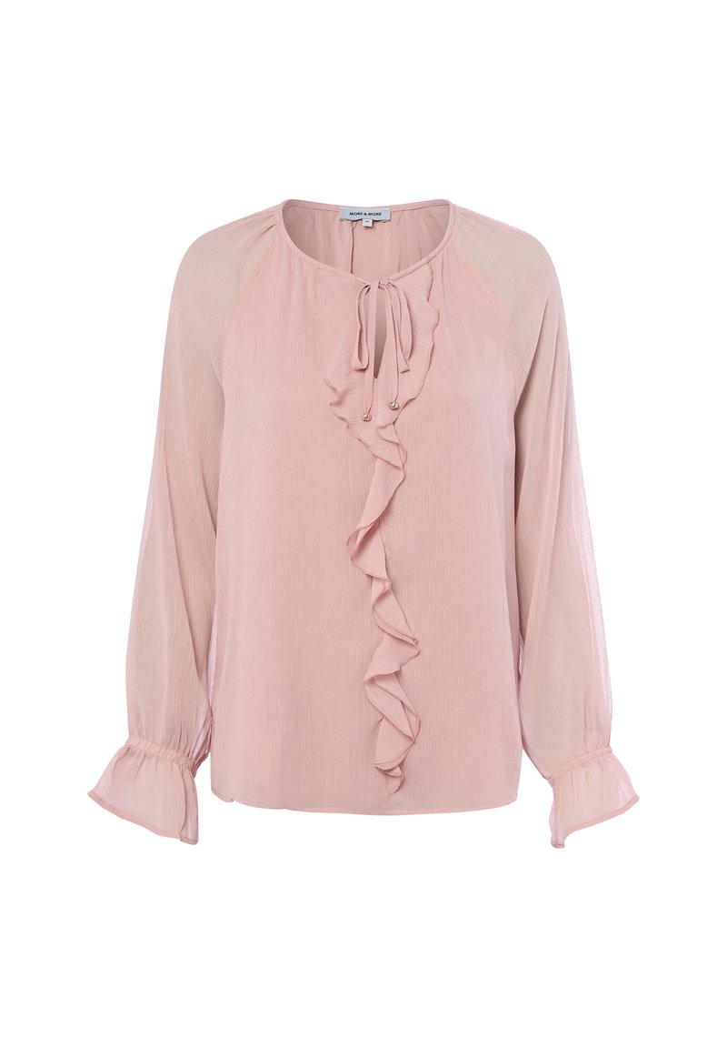 Rosa Bluse aus leichtem Stoff mit einem gerafften Vorderteil, Bindekragen und ausgestellten, gerafften Ärmeln. Glatte Textur, lässiges Design.