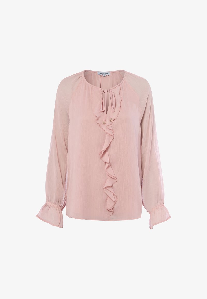 Rosa Bluse aus leichtem Stoff mit einem gerafften Vorderteil, Bindekragen und ausgestellten, gerafften Ärmeln. Glatte Textur, lässiges Design.