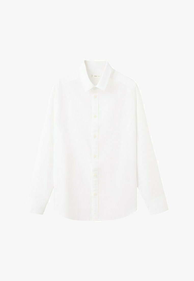 Chemise blanche à manches longues avec boutons et col classique, présentée à plat sur un fond blanc.