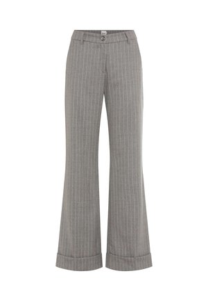 Grijze pinstripe broek met een hoge taille, een wijde pijpdesign, omgeslagen hems en een knoopsluiting. Gemaakt van gestructureerde stof voor een stevige pasvorm.