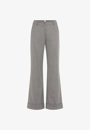 Grijze pinstripe broek met een hoge taille, een wijde pijpdesign, omgeslagen hems en een knoopsluiting. Gemaakt van gestructureerde stof voor een stevige pasvorm.