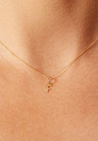 Collier en or avec une chaîne délicate et un petit pendentif plat en forme de lettre "F". La surface est lisse avec une finition réfléchissante.