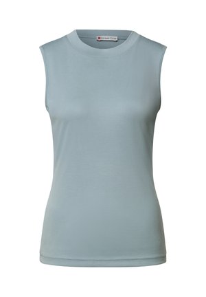 Top sin mangas de punto acanalado azul claro con cuello redondo y dobladillo recto, etiquetado como Street One en el interior del cuello.