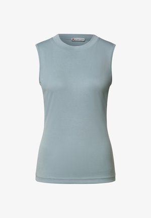 Hellblaues ärmelloses Ripp-Stricktop mit Rundhalsausschnitt und geradem Saum, innen am Kragen mit dem Etikett Street One versehen.