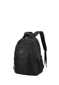 Zwarte rugzak van duurzaam stof met gewatteerde schouderbanden, meerdere ritscompartimenten en een gestructureerd voorpaneel. Verstelbare zijgesp.