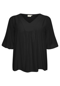 Blusa nera con scollatura a V, maniche corte a volant e dettagli arricciati nella parte frontale. Realizzata in un tessuto leggero e morbido.