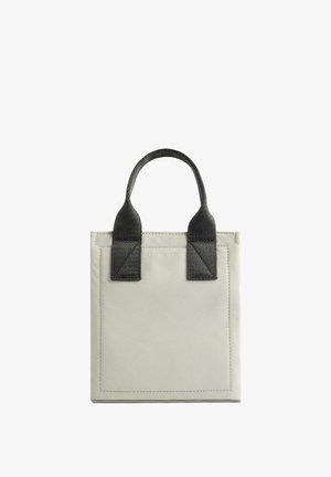 Kompaktowa torba na ramię wykonana z jasnoszarego materiału, z czarnymi uchwytami, prostokątnym kształtem oraz przednią kieszenią z przeszyciami.