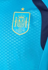 Ανοιχτό μπλε αθλητικό μπλουζάκι με υφή. Διαθέτει ένα κίτρινο έμβλημα με στέμμα και αστέρι, μαζί με σκούρους μπλε τόνους.