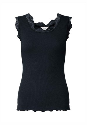 Sort ærmeløs top med ribstrik og blonder langs halsudskæring og ærmegab samt en bølget kant forneden.