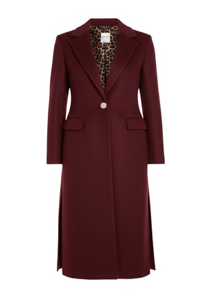 Bordeaux lang blazer med en enkelt knap, hakkede revers, to forlommer og leopardprintfor. Glat tekstur med sideslidser.