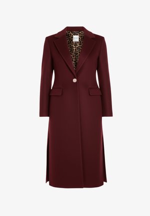 Bordeauxrode lange blazer met een enkele knoop, revers met inkeping, twee voorzakken en een voering met luipaardprint. Soepele textuur met zijsplitsingen.