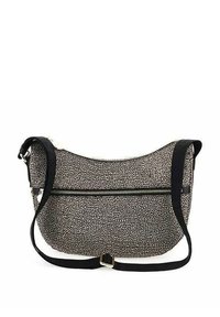 Borsa hobo con una trama a pois neri e bianchi, dotata di zip superiore e tasca frontale con zip, e una tracolla nera regolabile.