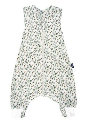 Ärmeloser Overall mit Blumenmuster in Weiß mit grünen und gelben Akzenten. Verfügt über einen Frontreißverschluss und Druckknöpfe an den Beinen. Aus weichem Baumwollmaterial.