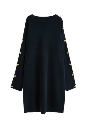 Vestito a maglia blu navy con maniche lunghe, caratterizzato da bottoni dorati lungo le maniche e un colletto a girocollo. Texture liscia.