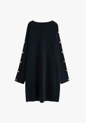 Vestito a maglia blu navy con maniche lunghe, caratterizzato da bottoni dorati lungo le maniche e un colletto a girocollo. Texture liscia.