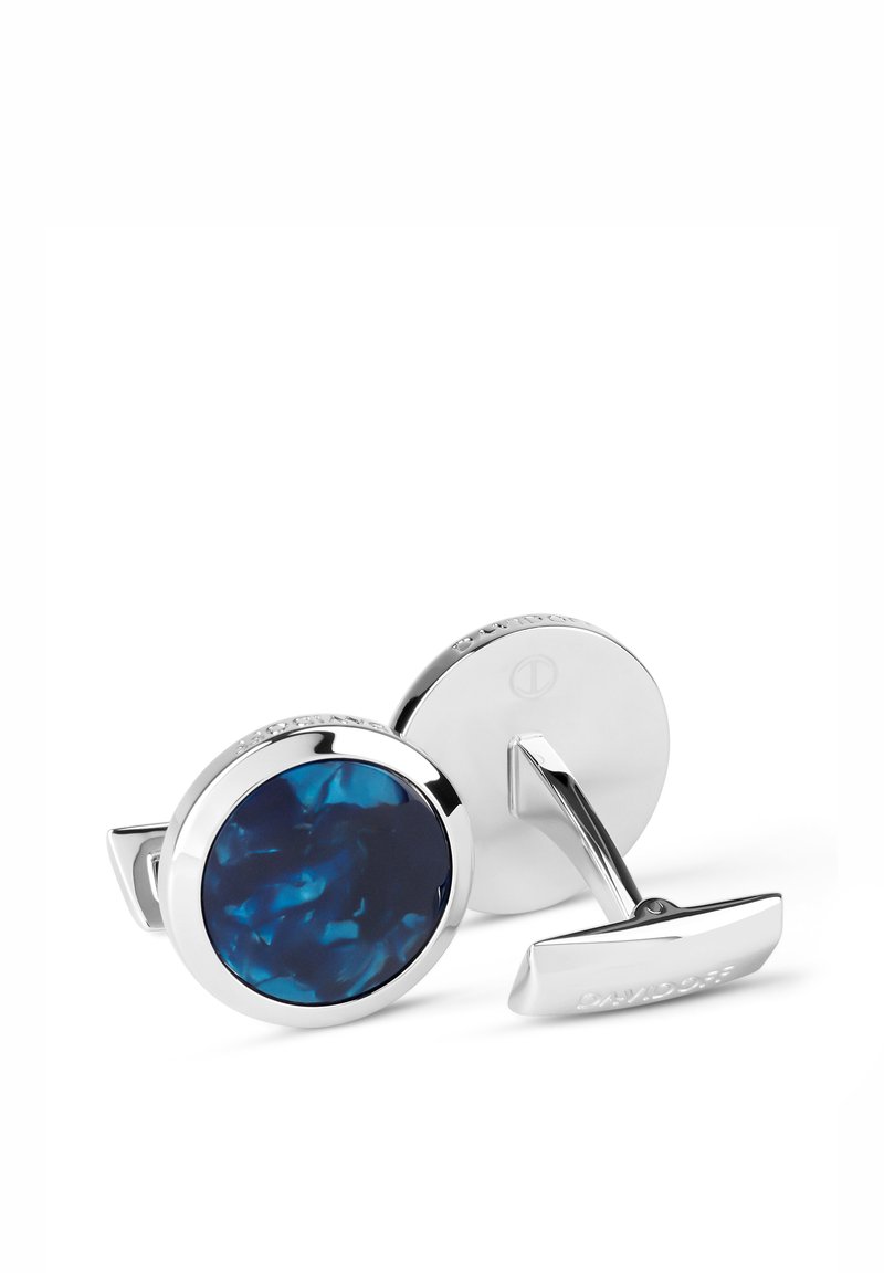 Silver-tone round cufflinks featuring a dark blue marbled resin center and a polished finish, with a T-bar clasp for secure fastening.