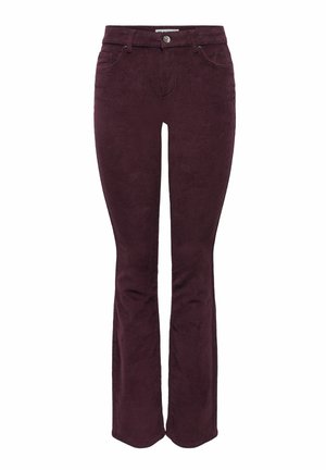 Pantalon en velours côtelé violet foncé avec bouton et fermeture éclair à l'avant, poches avant et jambes légèrement évasées.