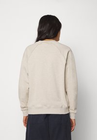 Ljusbeige bomullströja med raglanärmar, ribbade ärmslut och nederkant. Slät textur, enkel design, inga synliga mönster eller detaljer.