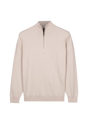 Beiger Langarmpullover mit gerippten Bündchen und Saum, ausgestattet mit einem kurzen Stehkragen und einer halbzentimetigen Reißverschluss-Frontverschluss.