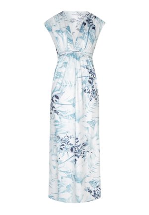 Mouwloze lange jurk met diepe V-hals, elastische taille en lichtblauw bloem- en bladerenpatroon op witte stof.